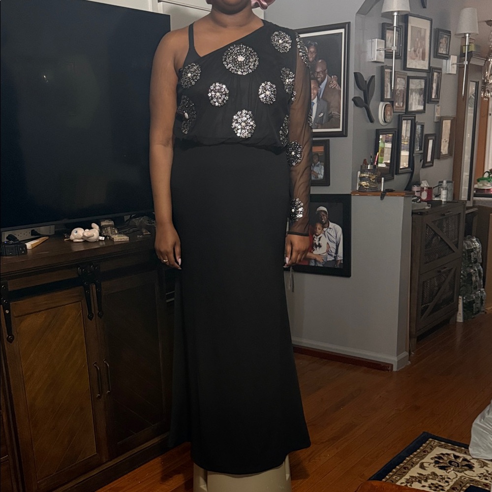 Adrianna Papell Black One Shoulder Dress with Silver Accents